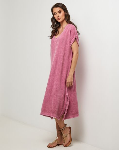 Félicie rosafarbenes Kleid aus Leinen und Baumwolle
