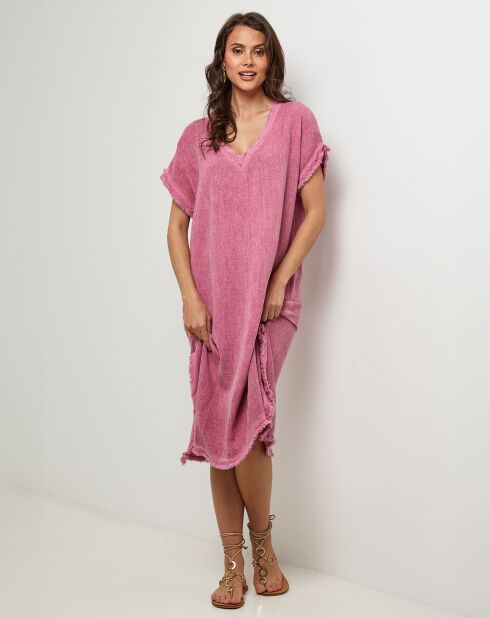 Félicie rosafarbenes Kleid aus Leinen und Baumwolle