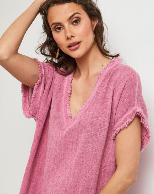 Félicie rosafarbenes Kleid aus Leinen und Baumwolle