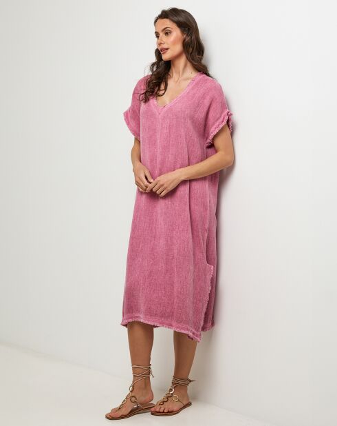Félicie rosafarbenes Kleid aus Leinen und Baumwolle