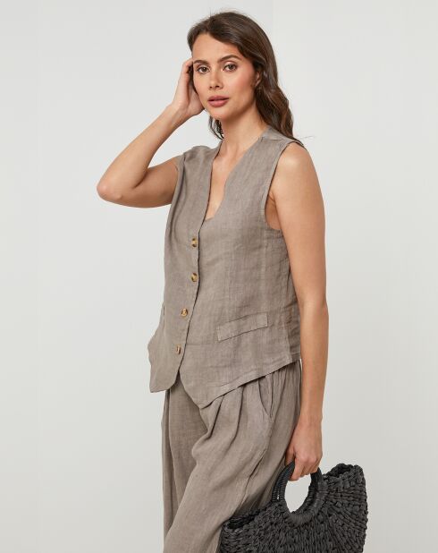 Léa taupe vest van 100% linnen