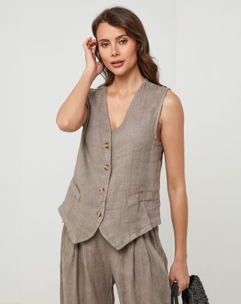 Léa taupe vest van 100% linnen