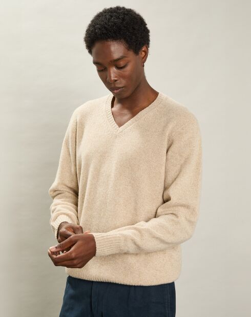 Pull V 100% Laine Sans Couture naturel