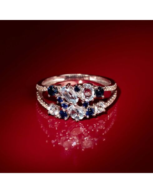 Bague Saphir Elixir Diamants 0.10 ct, Saphirs 0.5 ct & Topazes 1.03 ct or blanc