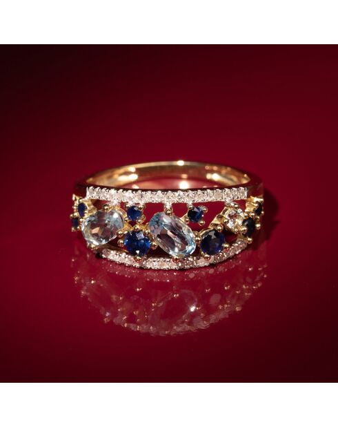 Bague Dahra Diamants 0.12ct. 3 Topazes bleues 0.41ct & Saphir 0.22ct or jaune