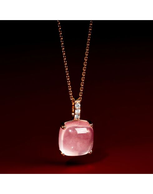 Pendentif Rose Dragée Diamants 0.05 ct & Quartz rose 4.80 cts Or Rose