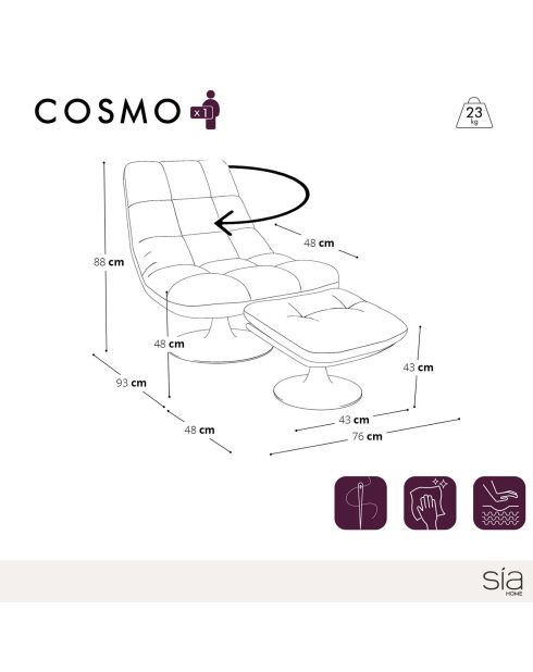 Fauteuil pivotant et repose-pieds Cosmo Velours chenillé crème - 76x93x88 cm
