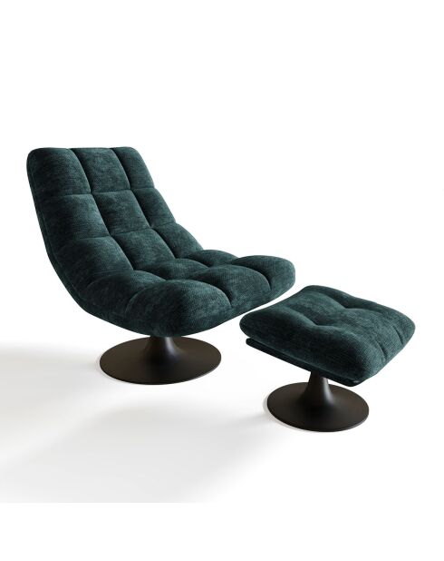 Fauteuil pivotant et repose-pieds Cosmo Velours chenillé vert paon  - 76x93x88 cm