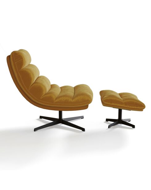 Fauteuil pivotant et repose-pieds Riva Velours moutarde - 82x85x88 cm