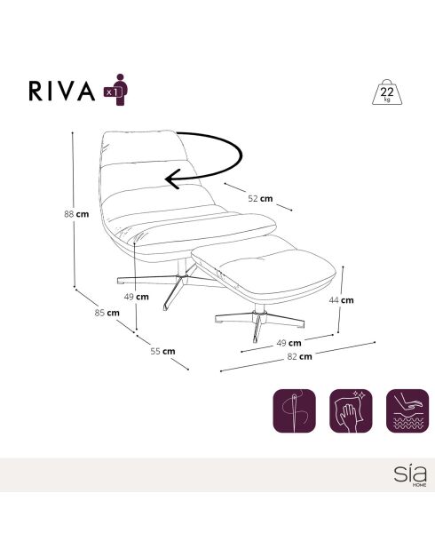 Fauteuil pivotant et repose-pieds Riva Velours noir - 82x85x88 cm