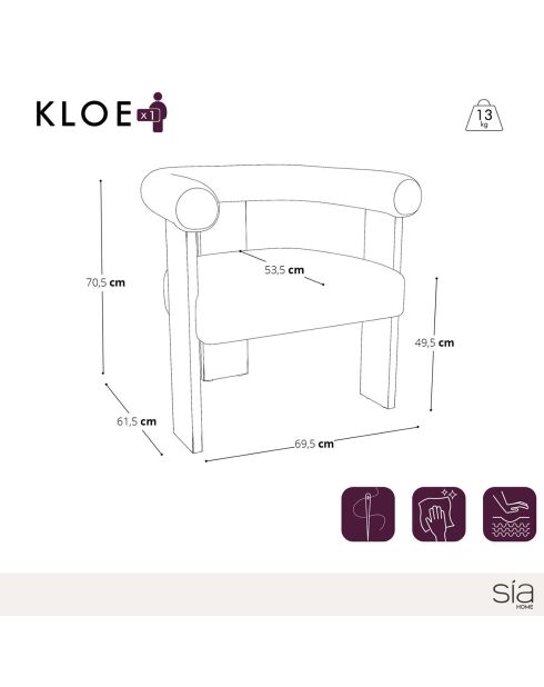 Fauteuil de salle à manger Kloe Velours chenillé crème - 69.5x61.5x70.5 cm