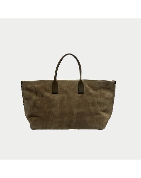 Grand cabas en Velours de Cuir kaki - 33x45x20 cm