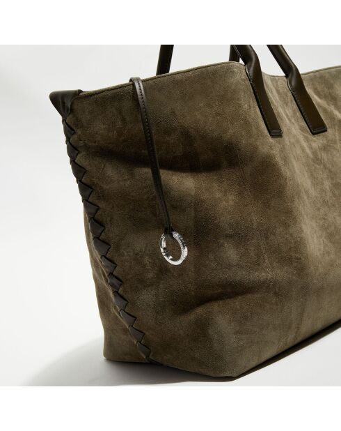 Grand cabas en Velours de Cuir kaki - 33x45x20 cm