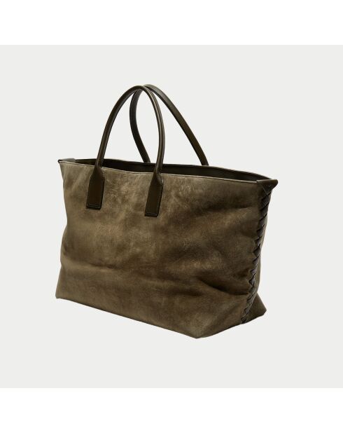 Grand cabas en Velours de Cuir kaki - 33x45x20 cm