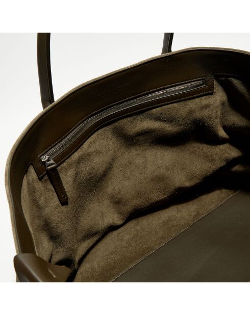 Grand cabas en Velours de Cuir kaki - 33x45x20 cm