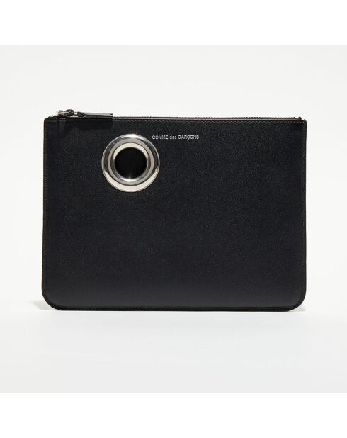 Pochette zippée à œillets en Cuir noire - 21.5 x16 cm