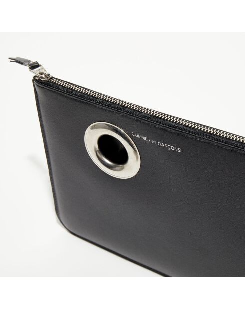 Pochette zippée à œillets en Cuir noire - 21.5 x16 cm