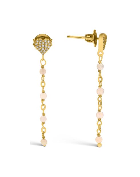 Boucles d'oreilles pendantes coeur en Argent doré & Opale rose