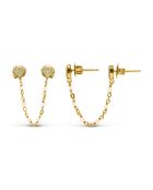 Boucles d'oreilles doubles reliées coeur en Argent doré & Opale rose
