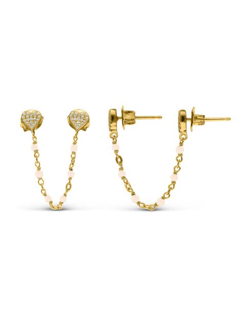 Boucles d'oreilles doubles reliées coeur en Argent doré & Opale rose