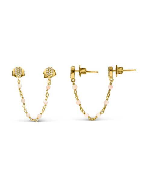 Boucles d'oreilles doubles reliées gouttes en Argent doré & Opale rose
