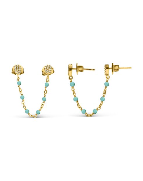 Boucles d'oreilles doubles reliées gouttes en Argent doré & Turquoise