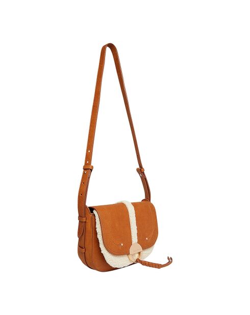 Sac Double Rabat en Cuir Othilia Nubuck et Fausse Fourrure cognac