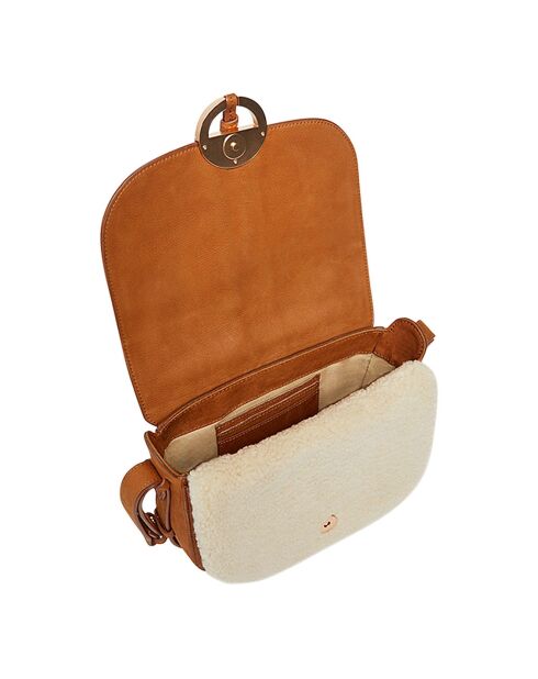 Sac Double Rabat en Cuir Othilia Nubuck et Fausse Fourrure cognac