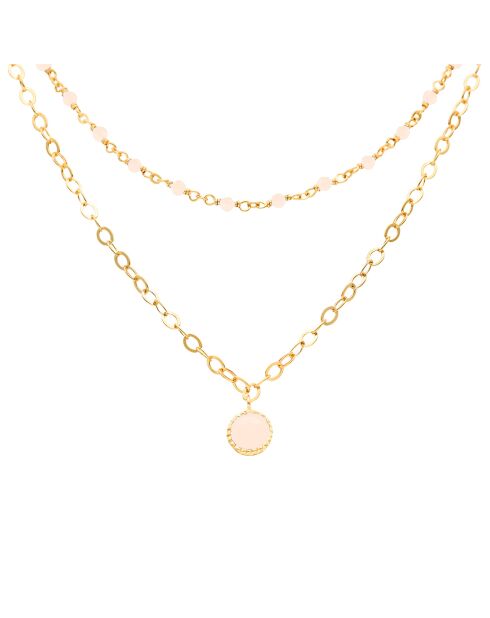 Collier double chaîne pampille en Argent doré & Opale rose