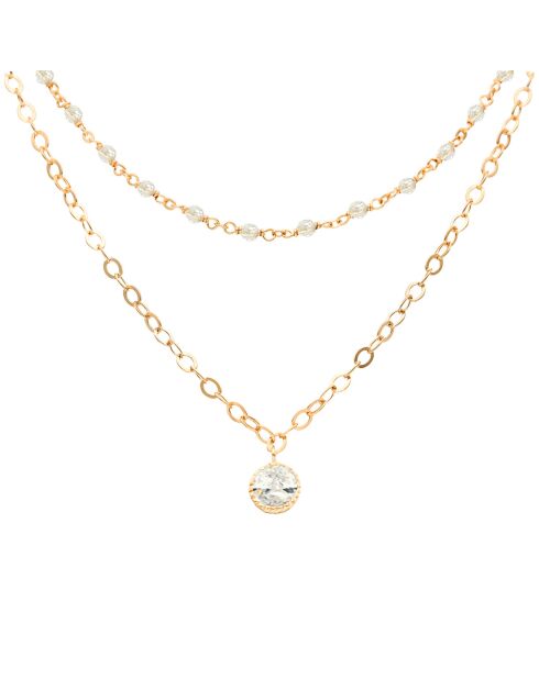 Collier double chaîne pampille en Argent doré & Pierre de Lune blanche