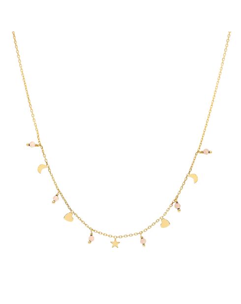 Collier pampilles de forme lune coeur en Argent doré & Opale rose