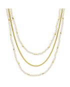 Collier triples chaînes dorées en Argent doré & Quartz blanc