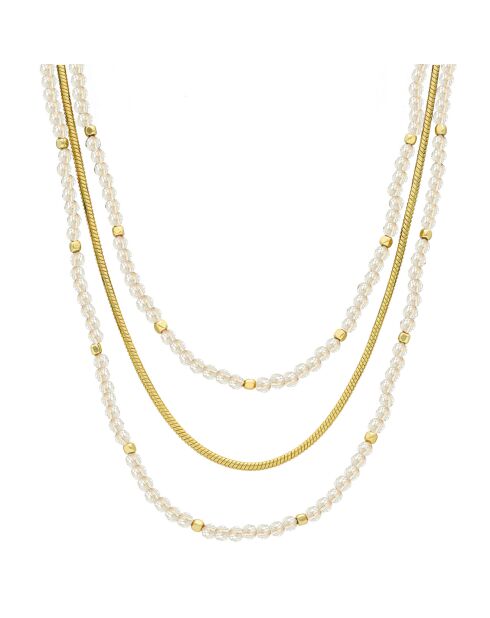 Collier triples chaînes dorées en Argent doré & Quartz blanc