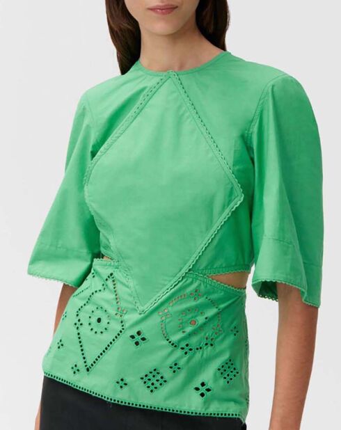 Camicetta verde con ricamo inglese in cotone biologico
