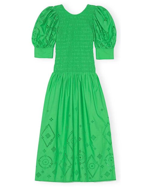 Grünes gesmoktes Kleid aus Bio-Baumwolle mit englischer Stickerei