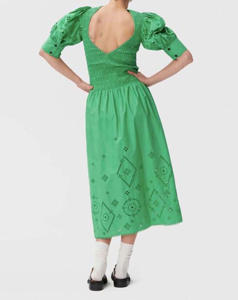 Grünes gesmoktes Kleid aus Bio-Baumwolle mit englischer Stickerei