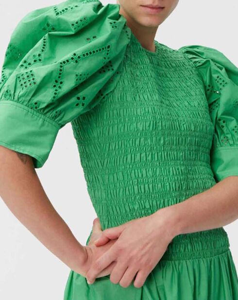 Robe Smockée Broderie Anglaise Coton Bio verte