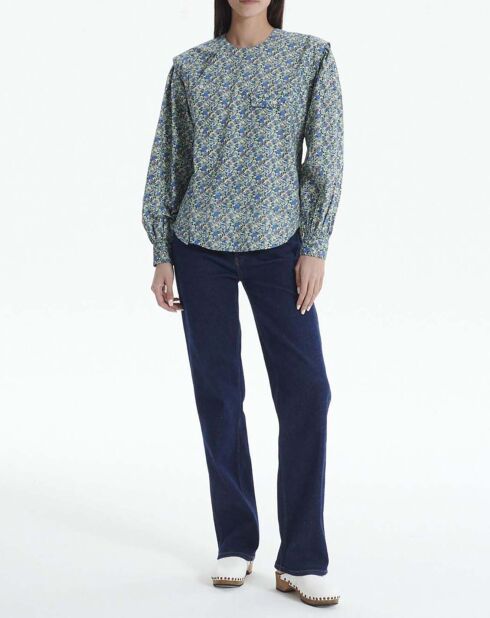 Blaue Bluse aus Topas-Popeline mit Blumendruck