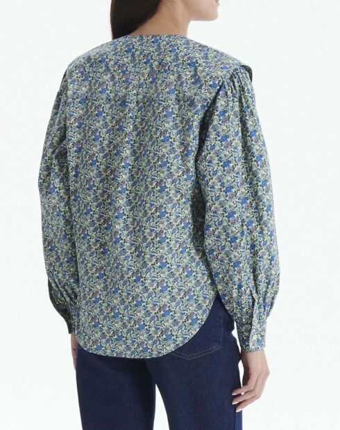 Blaue Bluse aus Topas-Popeline mit Blumendruck