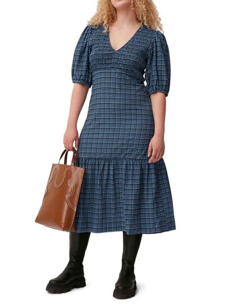 Robe à Carreaux Seersucker Crêpe de Coton bleue