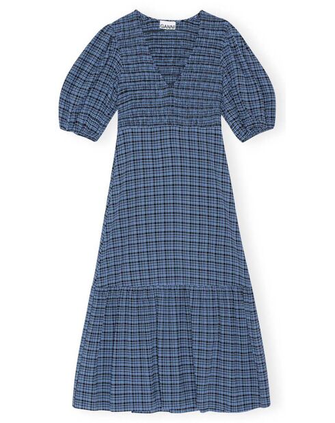 Robe à Carreaux Seersucker Crêpe de Coton bleue