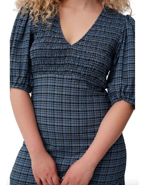 Robe à Carreaux Seersucker Crêpe de Coton bleue