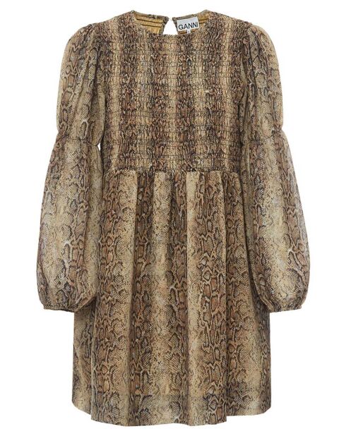 Robe Imprimée Smockée en Crêpe marron