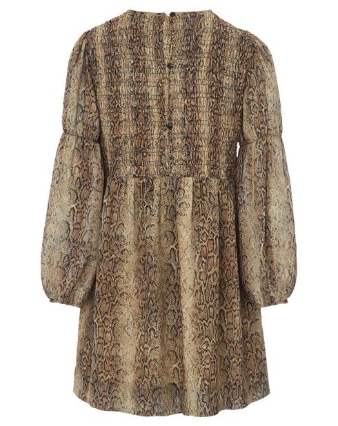 Braunes, bedrucktes Kleid aus Crêpe