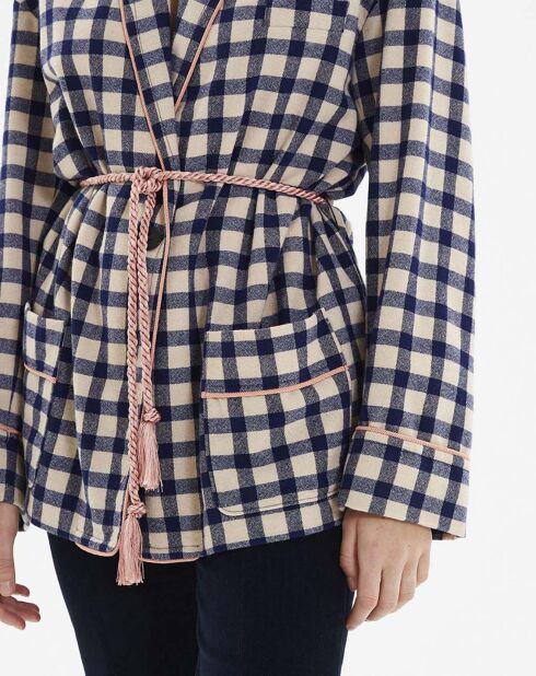 Kimono 100% Laine Carreaux bleu marine