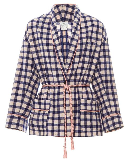 Kimono 100% Laine Carreaux bleu marine
