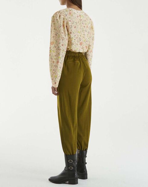 Schnürbluse aus 100% Seide mit Aufdruck „Blume im Schnee“ in Rosa und Beige