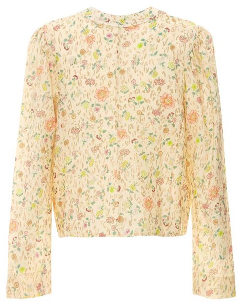 Camicetta in 100% seta con stampa rosa e beige con un fiore nella neve