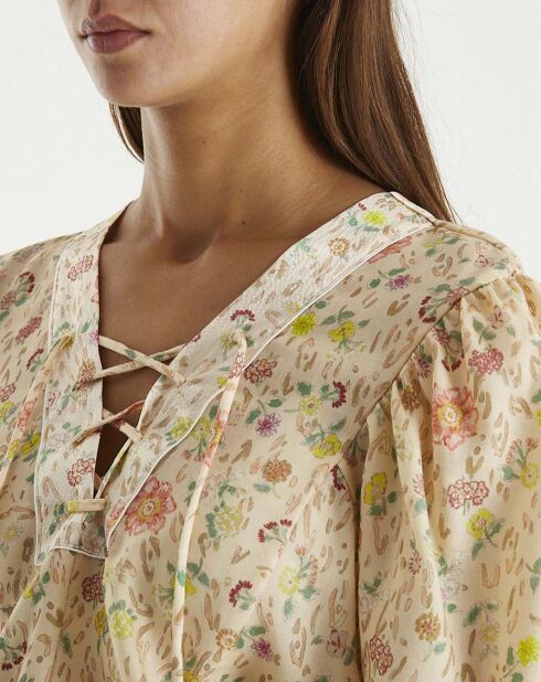 Blouse 100% Soie Lacée Imprimé A Flower In The Snow beige rosé