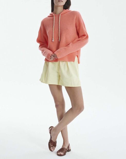 Orangefarbener Kapuzenpullover aus 100% Wolle an der englischen Küste